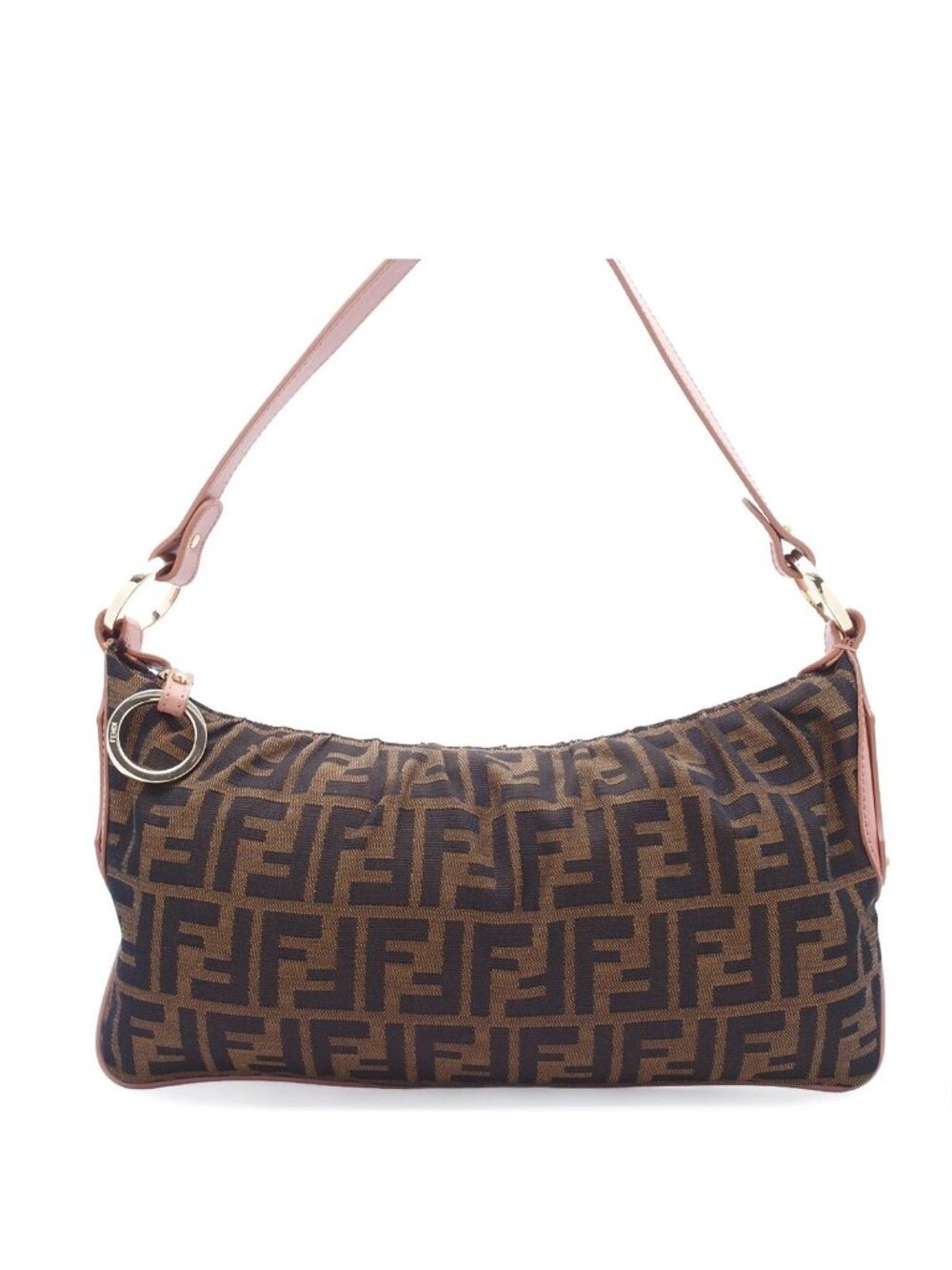 Fendi Zucca Pattern Shoulder Bag Brown Leather Jacquard Nylon